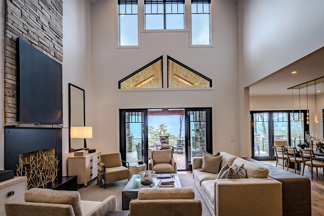 vaulted ceilings in the living room of a home at Residences at Mercato