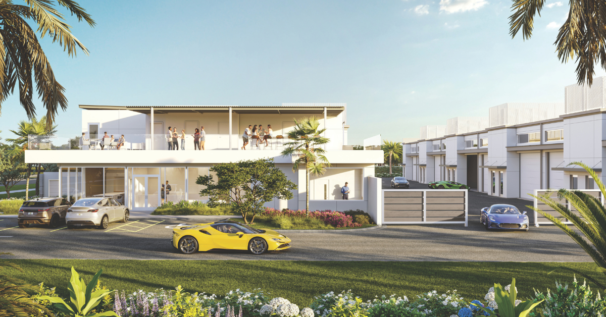 Rendering of modern luxury garage complex with clubhouse and sports cars.